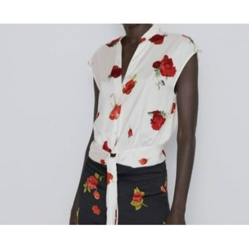 Zara Beige Rose Print Knot Tie‎ Sleeveless Shirt Blouse Size XS